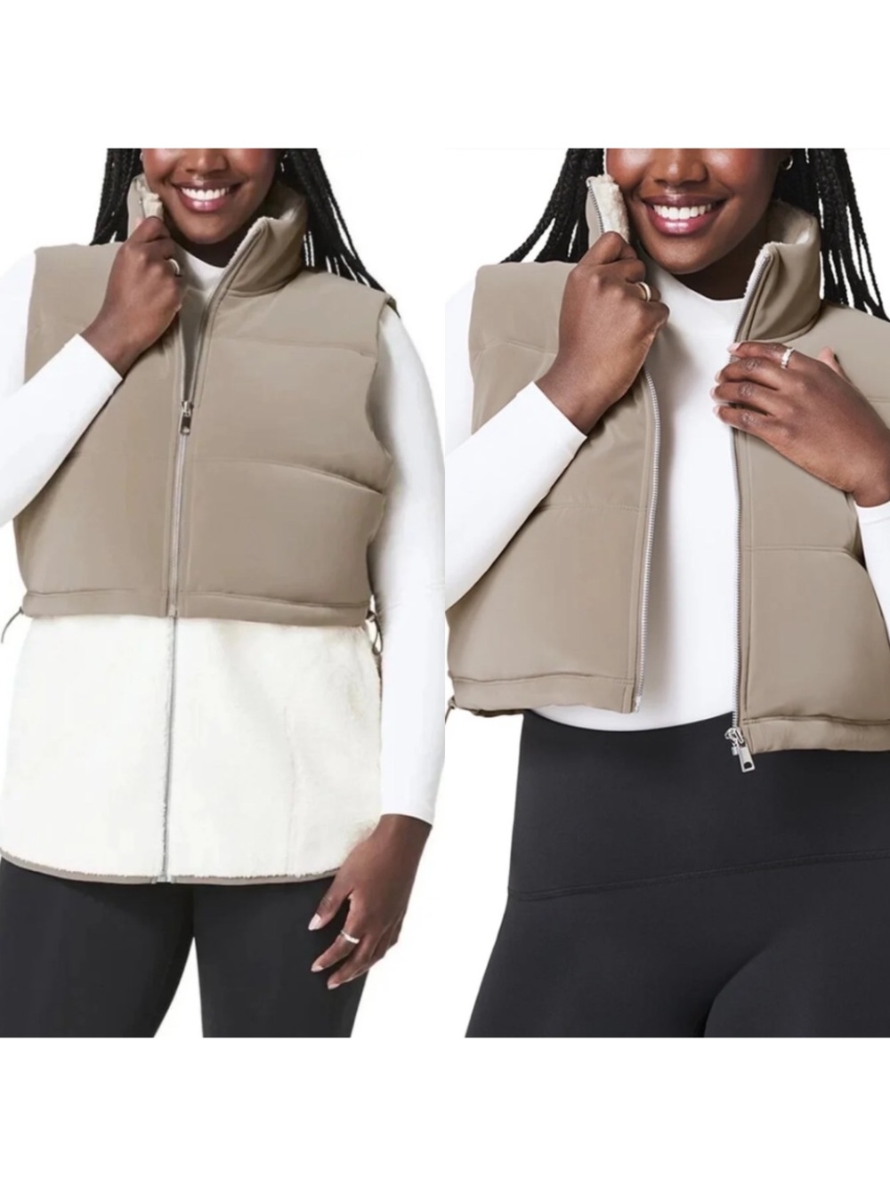 SPANX Two-In-One Velour and Luxe Fleece Vest Driftwood Ivory Large L NEW NWT